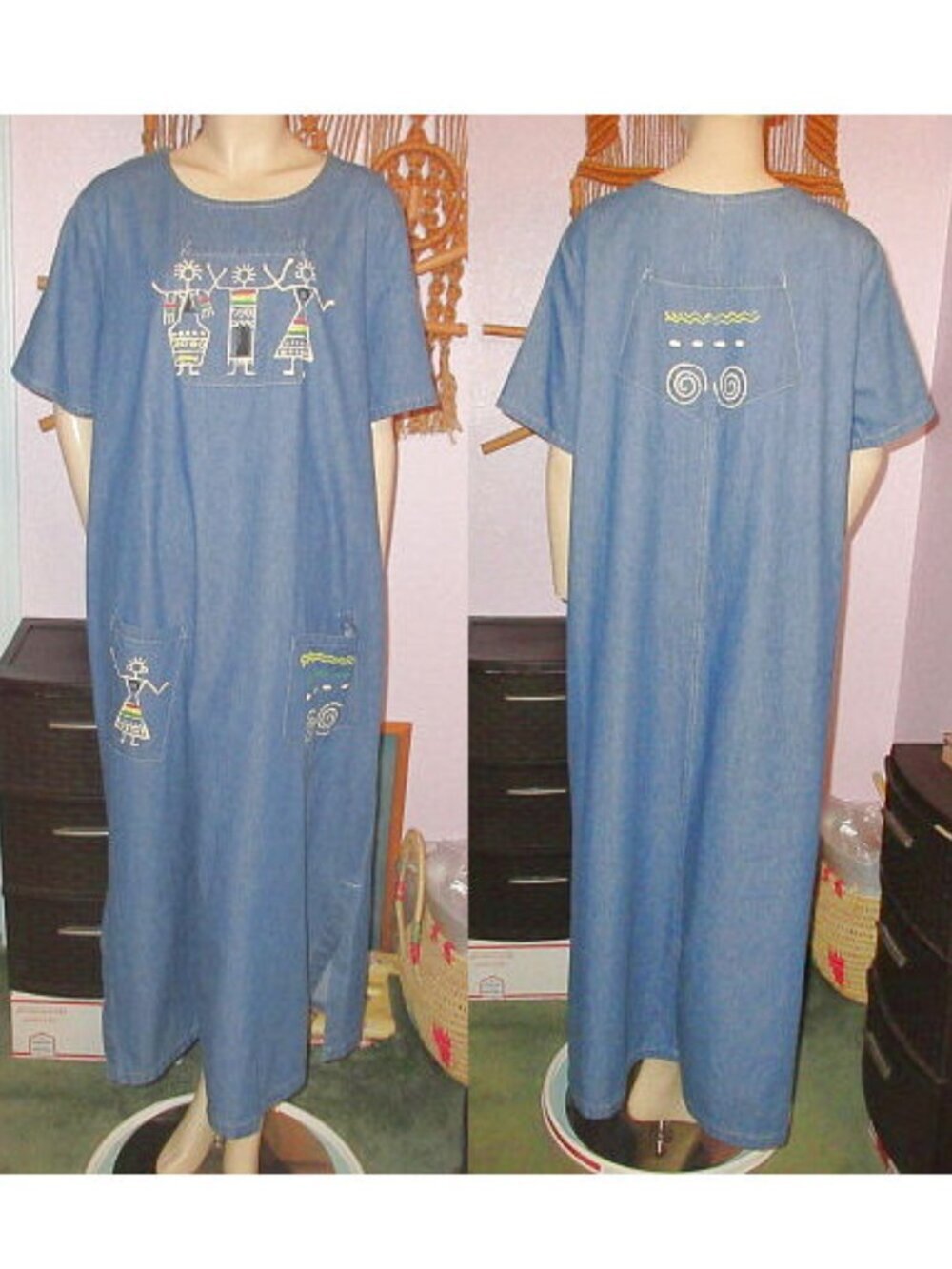 Vtg Denim Maxi Dress XL Pockets Jumper Countrycore Grannycore Modest USA 70s 80s